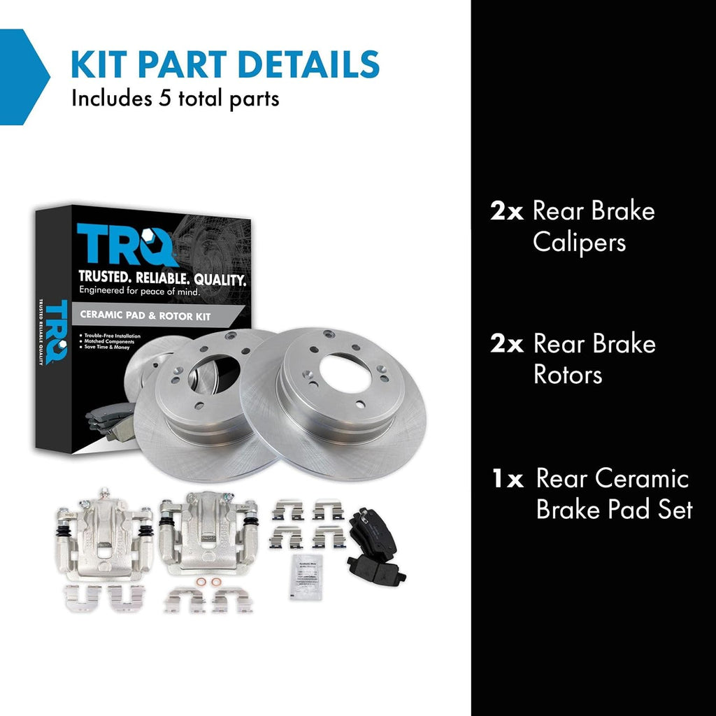 TRQ Rear Brake Pad and Rotor Set Ceramic Solid Rotors Calipers Compatible with 2012-2017 Hyundai Azera 2011-2015 Kia Optima
