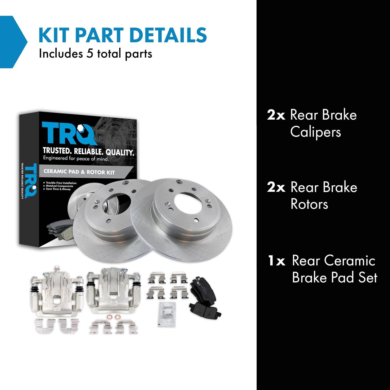 TRQ Rear Brake Pad and Rotor Set Ceramic Solid Rotors Calipers Compatible with 2012-2017 Hyundai Azera 2011-2015 Kia Optima