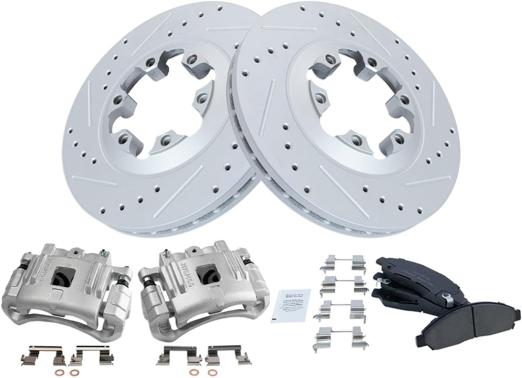 TRQ Performance Front Brake Pad and Rotor Set Ceramic Drilled Slotted Coated Rotors Calipers Compatible with 2004-2008 Chevrolet Colorado GMC Canyon 2006 Isuzu i-280 i-350 2007-2008 i-290 i-370