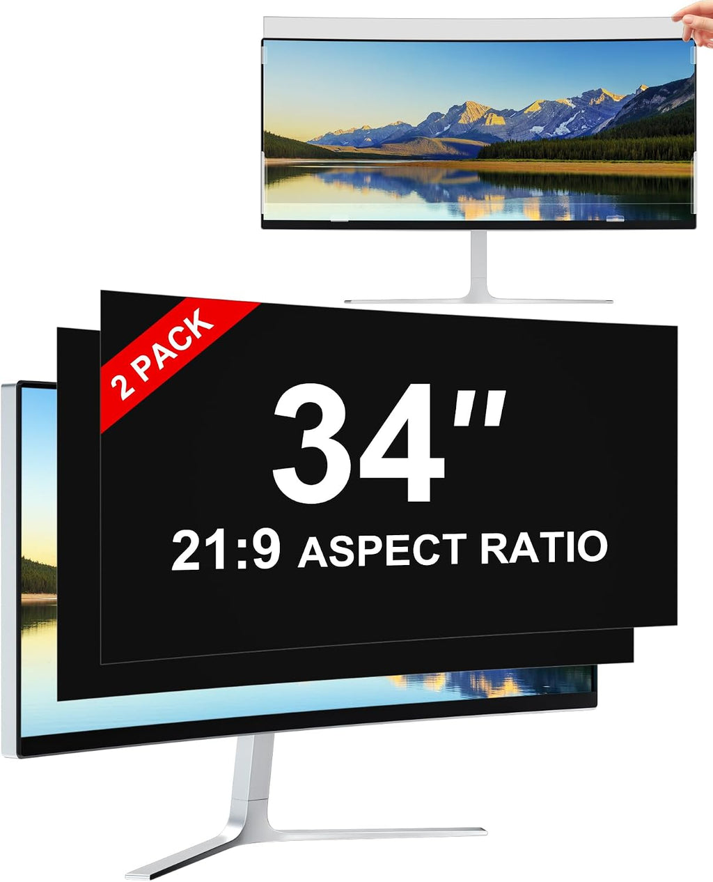[2-Pack] Privacy Screen For Computer Monitor, 34-Inch 21:9 Aspect Ratio; Anti Spy/Bule Light/Glare And Eye Protection, 2 Install Ways Removable For Office, Airport, Cafe And Other Public Area; Diagonal 34 Inches, Width 31.25 Inches, Height 13.39 Inches