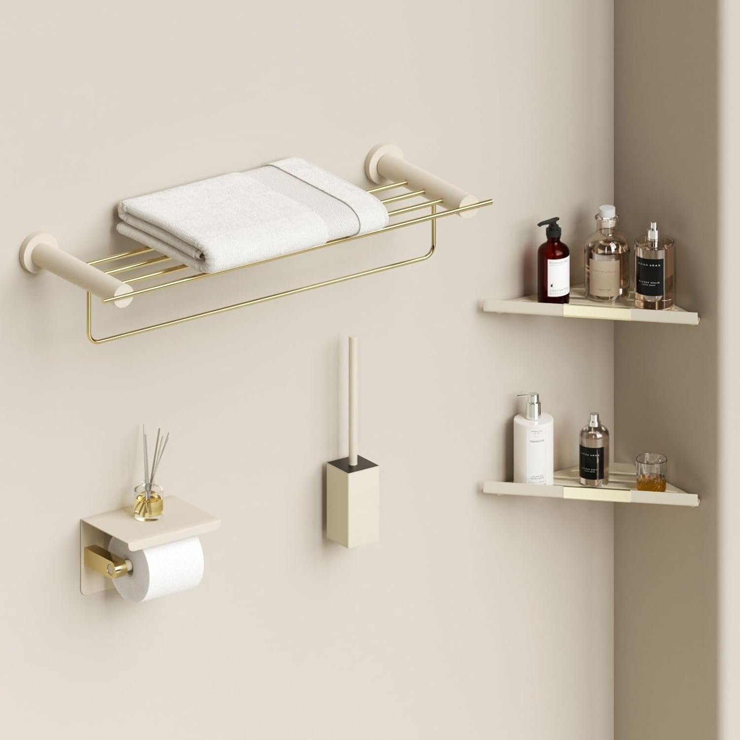 Towel Rack, White Gold Towel Rack, Bathroom Shelf, Black Gold 5-Piece Set
