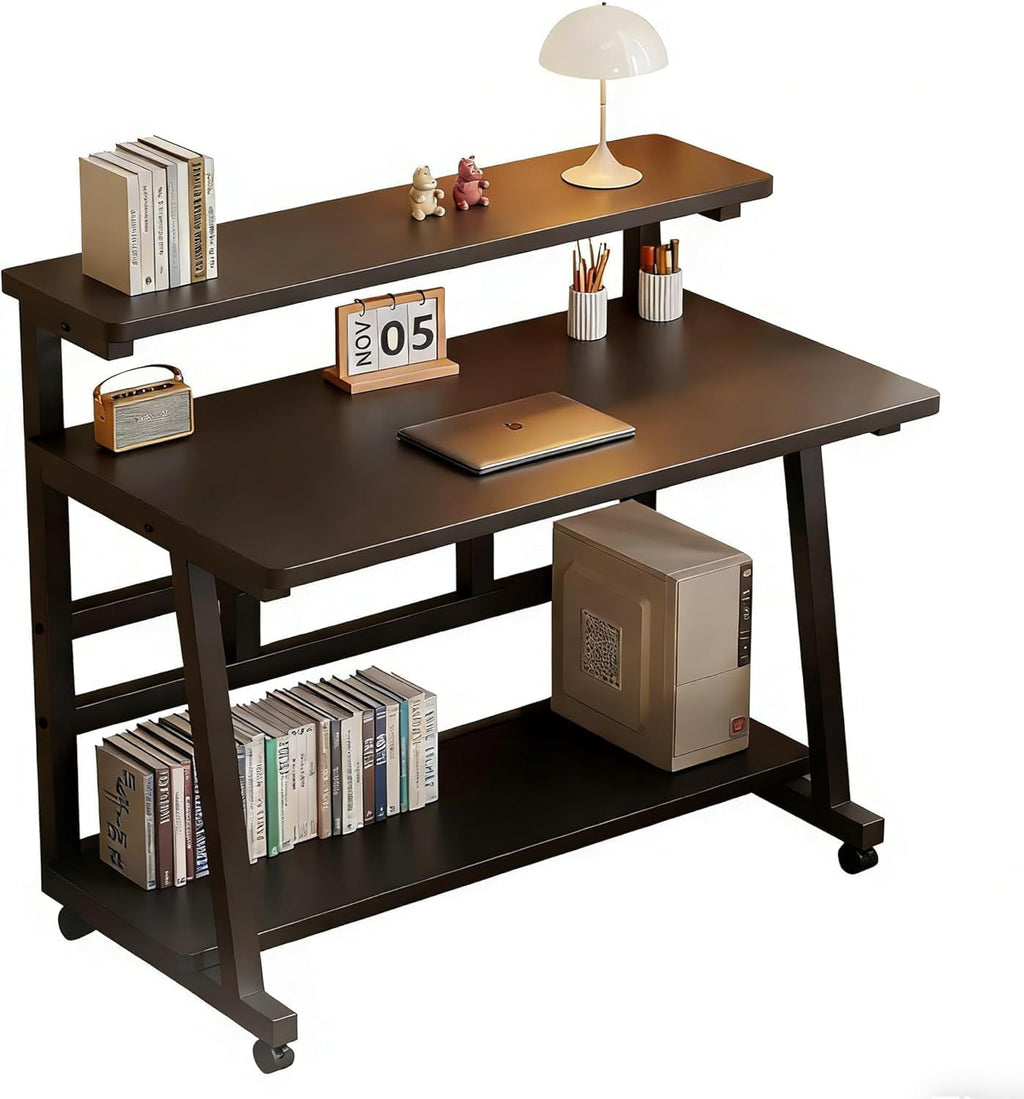 Rolling Desk, 39.4 Inch Small Desks with 3-Layer Storage & Monitor Stand, Compact Home Office Desk, Portable Laptop Table with Wheels for Small Spaces, Mobile Rolling Computer Work Desks