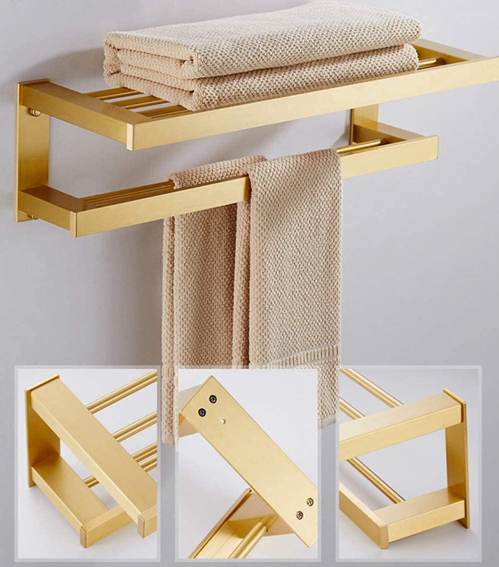 Towel Rack Towel Rail Double Towel Bar Brushed Space Aluminum Metal Bathroom Towel Rack Shelf Wall Mount Towel Holder for Bathroom Kitchen Towel Bar Towel Holder/Gold/40Cm