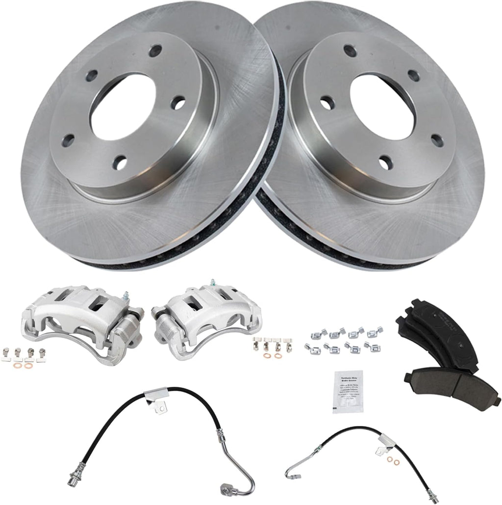 TRQ Front Brake Pad and Rotor Set Ceramic Rotors Calipers Hoses Compatible with 1998-2000 Chevrolet Blazer Isuzu Hombre 1998-1999 S10 Sonoma Oldsmobile Bravada 1998-2001 GMC Jimmy
