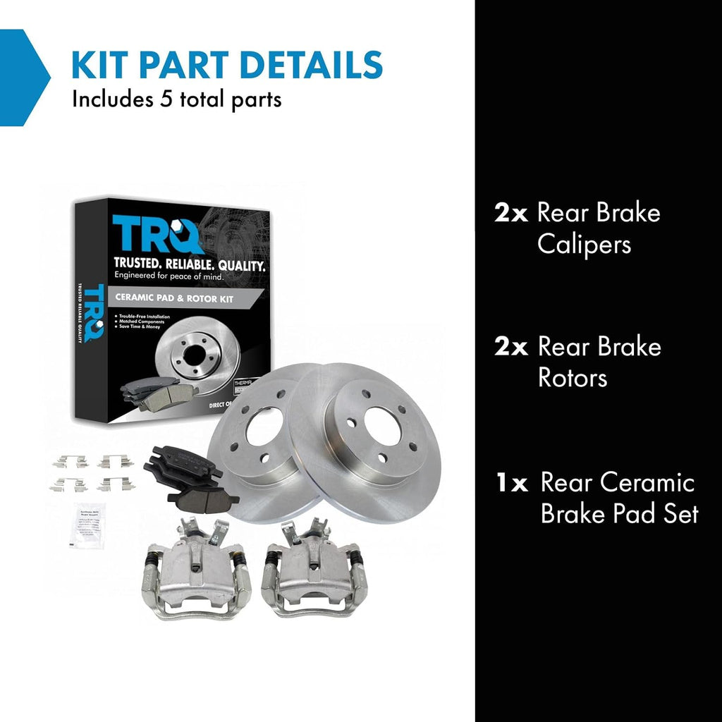 TRQ Rear Brake Pad and Rotor Set Ceramic Rotors Calipers Compatible with 2005-2007 Chevrolet Cobalt 2004-2012 Malibu 2005-2010 Pontiac G6 2007-2009 Saturn Aura
