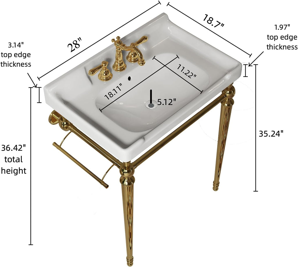 28 inch Console Bathroom Sink, Freestanding Console Sink With Stainless Brushed Gold Legs, Modern Bathroom Vanity with 3 Tap Holes, White Ceramic Basin