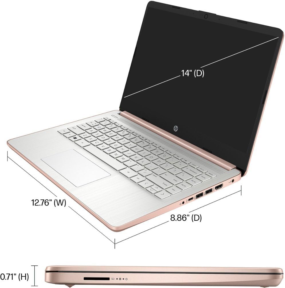 HP 14' HD (1366 x 768) Display Laptop, Intel Celeron N4120, 1.1GHz, 4GB Memory, 128GB eMMC, Windows 11 Home in S Mode, One Year Office 365 Included, Rose Gold, 14-dq0762dx