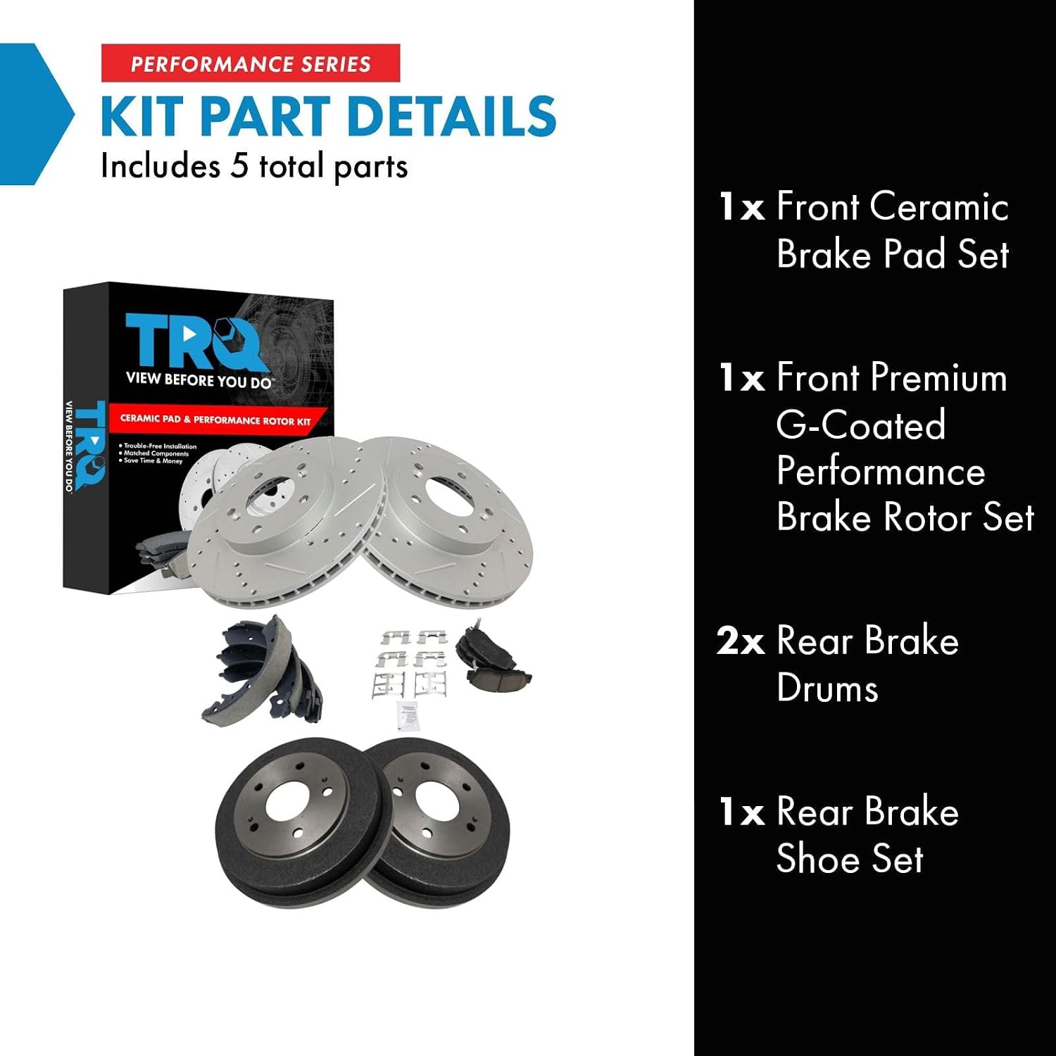 TRQ Performance Front and Rear Brake Pad & Rotor, Shoe & Drum Kit Compatible with 1997-2001 Honda CR-V
