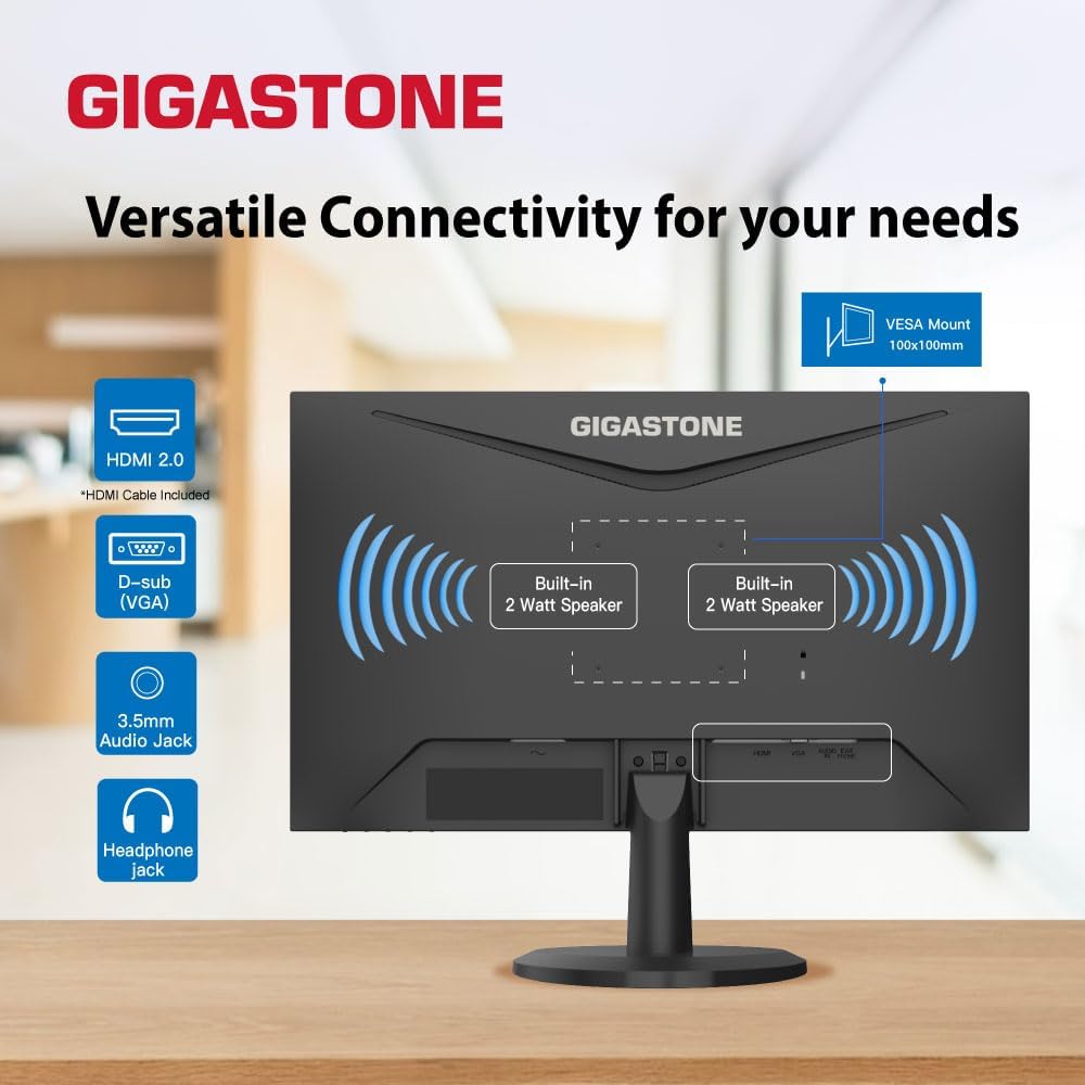 Gigastone 24 inch IPS LED Back Light Monitor 100Hz FHD 1920 x 1080,178°WideView,Frameless, Dual Monitor, MPRT 1ms, Built-in Speakers, Eye Care Technology, Ergonomic Tilt VESA Mount, HDMI VGA