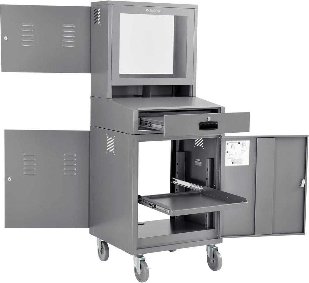 Global Industrial Mobile Security LCD Computer Cabinet Enclosure for 24' Diagonal Monitors, Steel Construction, Gray Powder Coat Finish, 24-1/2'W x 22-1/2'D x 62-3/4'H