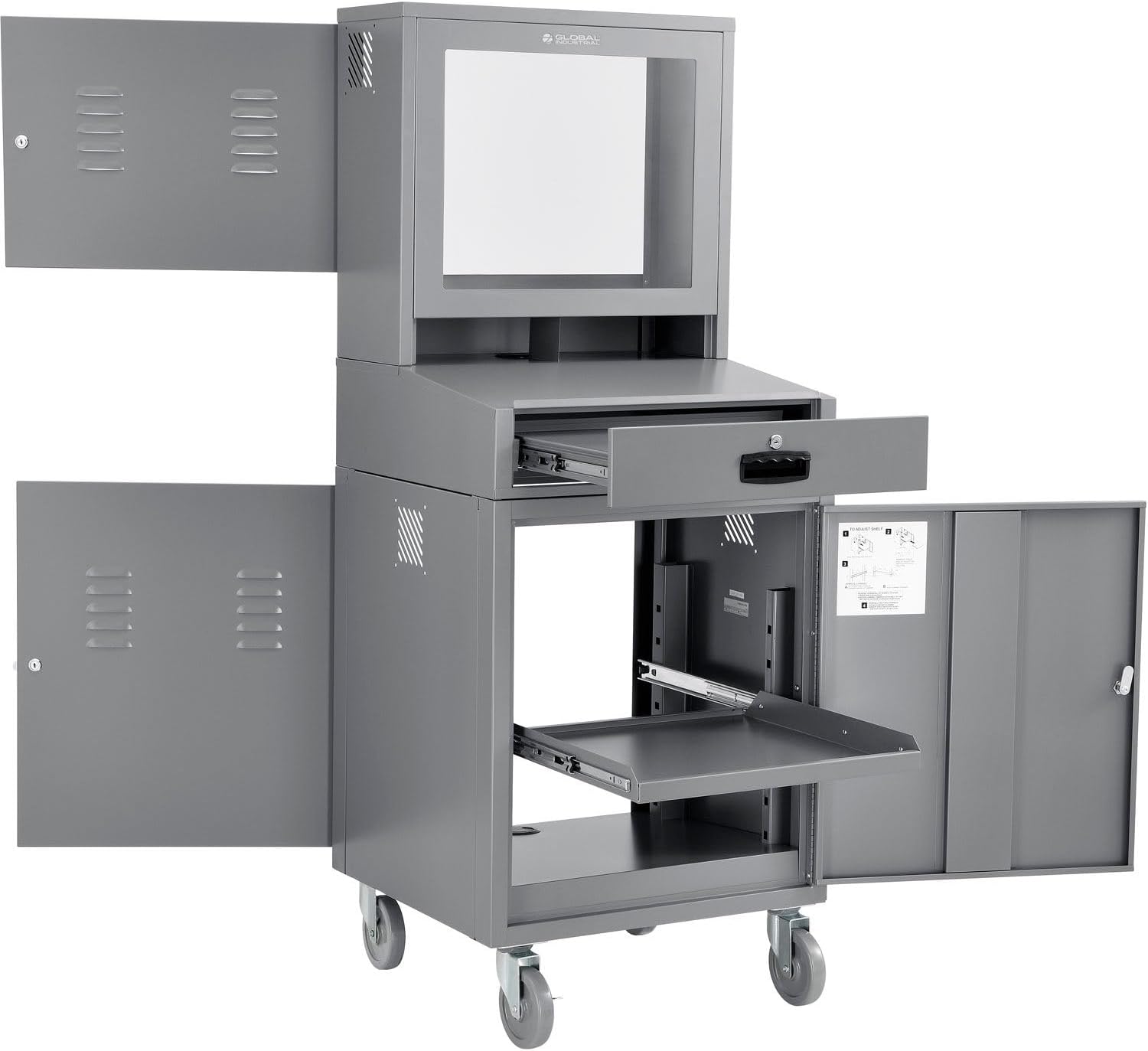 Global Industrial Mobile Security LCD Computer Cabinet Enclosure for 24' Diagonal Monitors, Steel Construction, Gray Powder Coat Finish, 24-1/2'W x 22-1/2'D x 62-3/4'H
