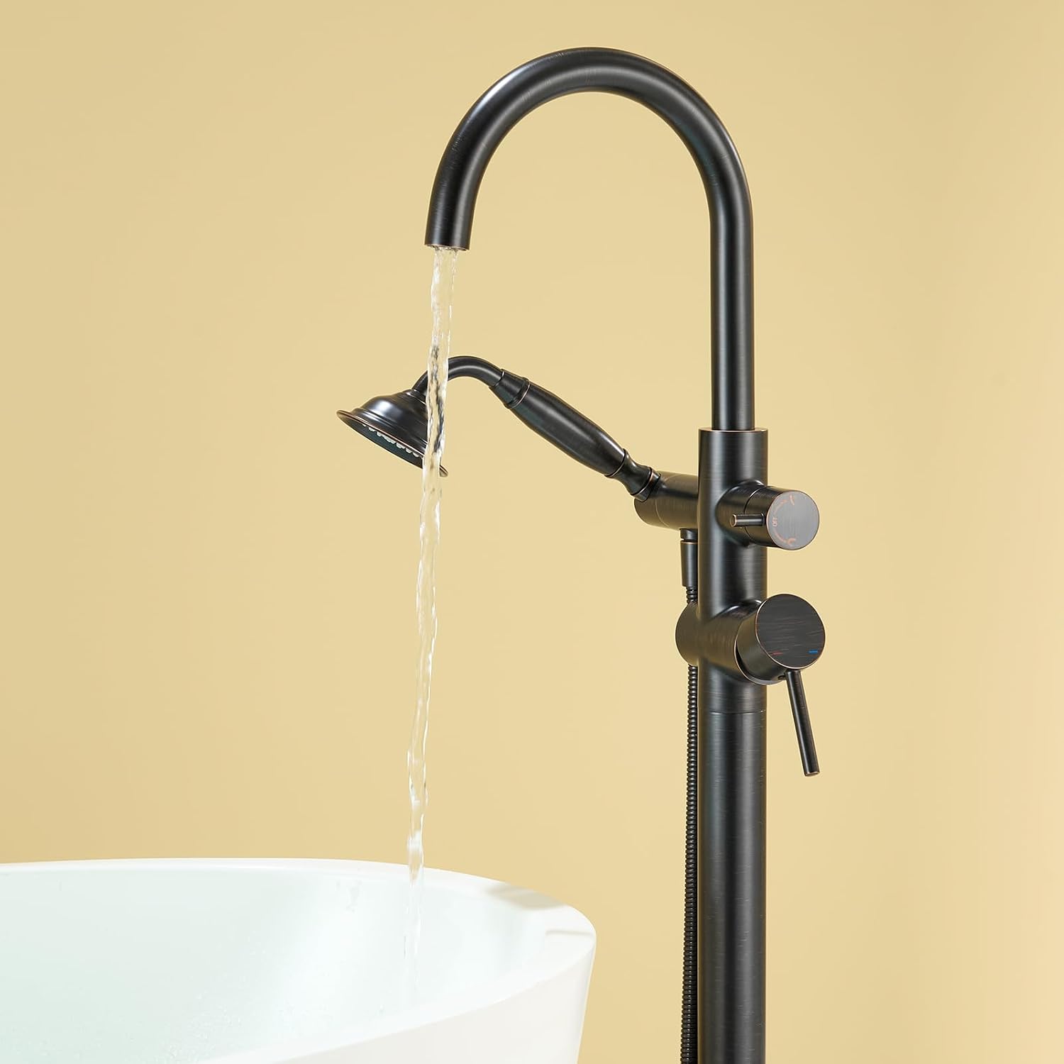Wowkk Tub Filler Freestanding Bathtub Faucet Oil Rubbed Bronze Floor Mounted Brass Bathroom Tub Faucets with Hand Shower