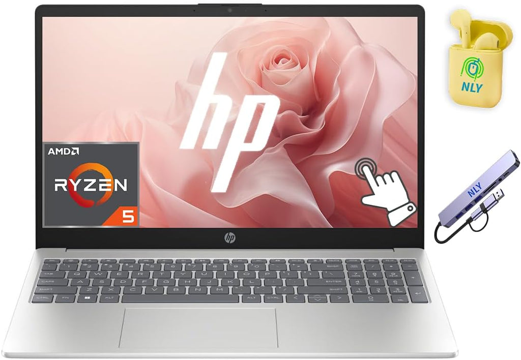 HP 15 Laptop, 15.6' Touchscreen Laptop Computer for Home Student Business, Windows 11 Laptop 8GB RAM 1TB Storage (512GB SSD+512GB Docking Station Set), AMD Ryzen 5 Processor, NLY Earphones, Silver