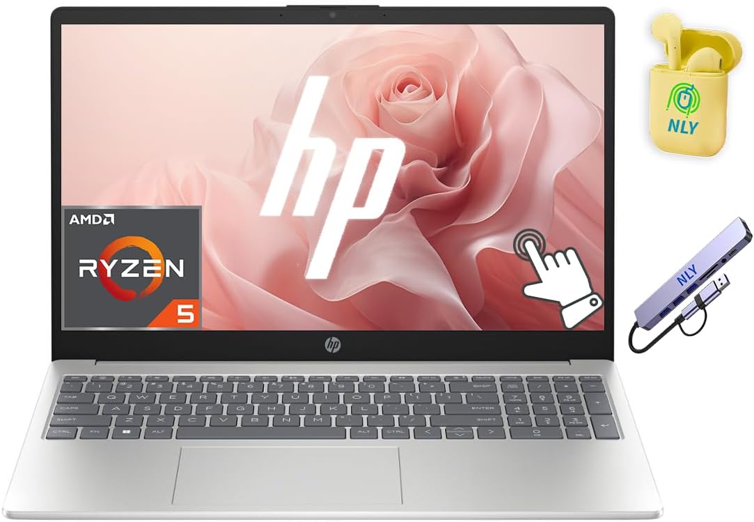 HP 15 Laptop, 15.6' Touchscreen Laptop Computer for Home Student Business, Windows 11 Laptop 8GB RAM 1TB Storage (512GB SSD+512GB Docking Station Set), AMD Ryzen 5 Processor, NLY Earphones, Silver