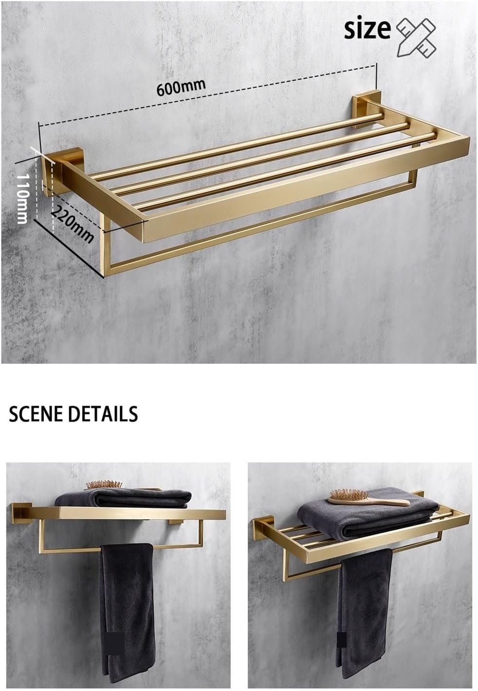 RAHBI Brushed Gold Bathroom Accessories Set Toilet Brush Holder Toilet Paper Holder Towel Bar Rail Rack Hanger Hook Soap Dish Hardware Leisurely (Color : Double Towel Bar 560)