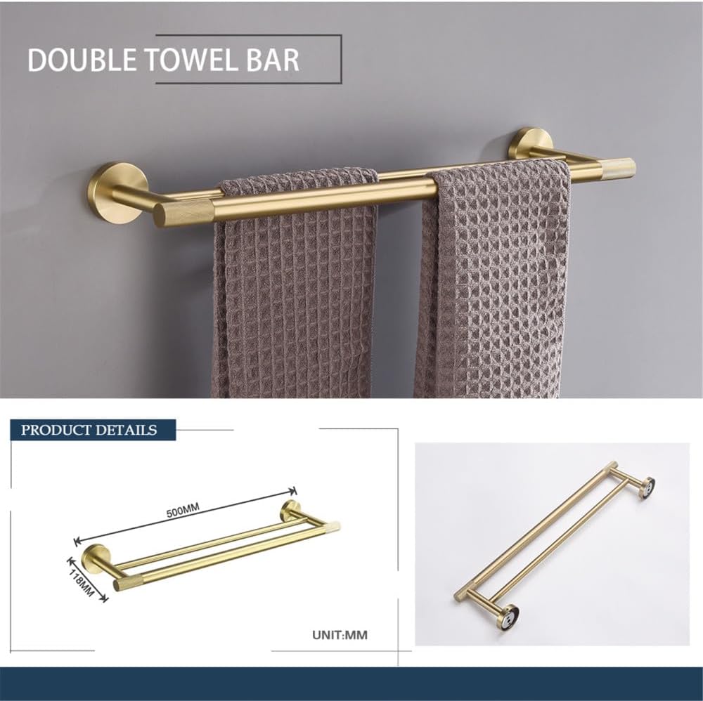 Brushed Gold Brass Bathroom Accessories Set - Hand Towel Bar, Double Towel Rack, Toilet Paper Holder, Robe Hook - Elegant Wall-Mounted Fixtures for Contemporary Home Decor