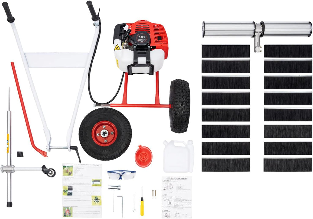 Gas Power Sweeper 43CC 1.7HP Sweeping Broom for Lawn Carpet Artificial Grass Brush Sweeper with Gearbox and Height-Adjustable Handle Snow Cleaning Machine