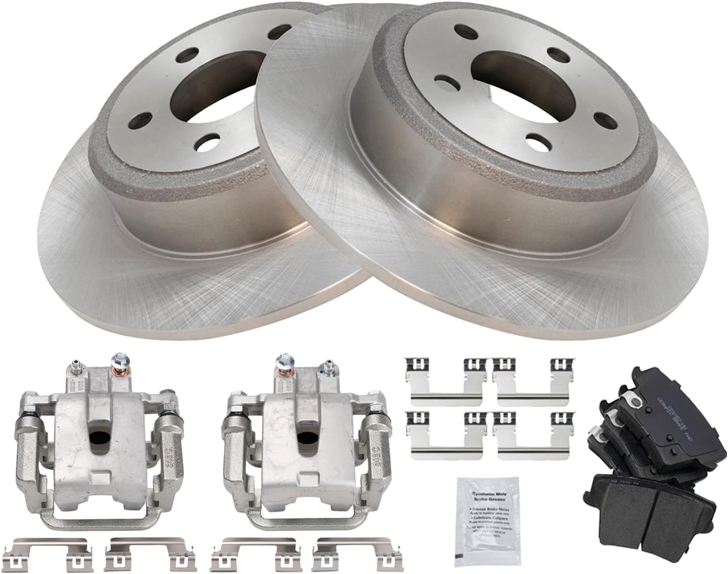 TRQ Rear Brake Pad and Rotor Set Ceramic Solid Rotors Calipers Compatible with 2005 Chrysler 300 2012 300 2013-2014 Dodge Challenger 2014 Charger