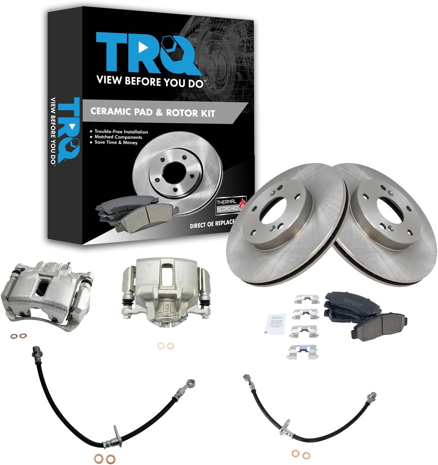 TRQ Front Brake Pad and Rotor Set Ceramic Vented Rotors Calipers Hoses Compatible with 2003-2007 Honda Accord
