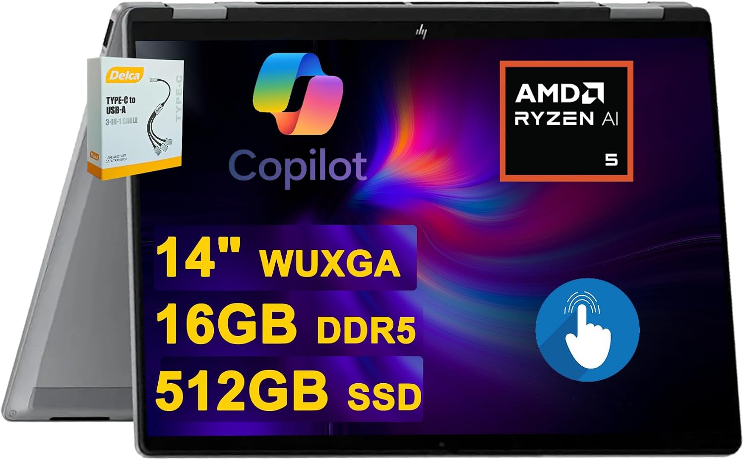 HP OmniBook X Flip 2-in-1 AI PC Laptop | 14' WUXGA Touch 400nits | AMD 6-core Ryzen AI 5 340 (Up to 50 Tops) | 16GB DDR5 512GB SSD | Backlit Wi-Fi6E 5MP IR Camera Poly Win11 w/DLCA Accessory