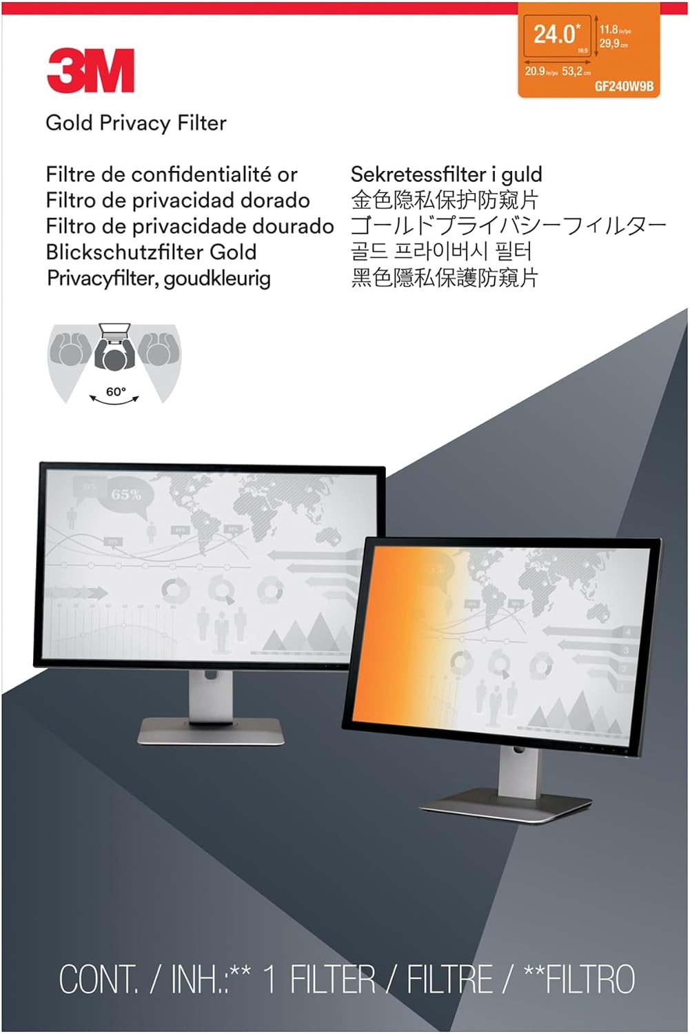 GF240W1B 3M Gold Frameless Privacy Filter For 24inch Widescreen Monitor, 16:10 Aspect Ratio