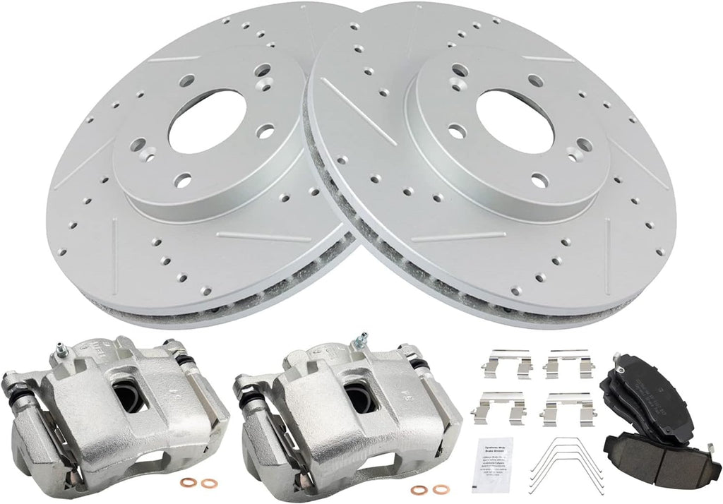 TRQ Performance Front Brake Pad and Rotor Set Ceramic Vented Coated Rotors Calipers Compatible with 2011-2014 Acura TSX 2011-2012 Honda Accord
