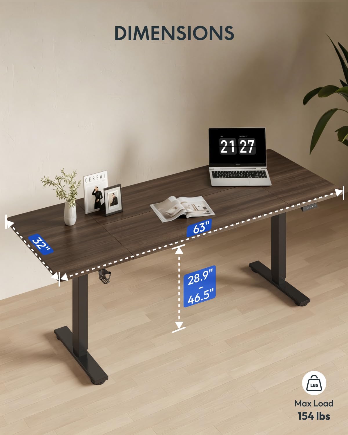 FLEXISPOT 63x32 Inch Electric Large Standing Desk for Home & Office, Spacious Splice Board Desk with Cable Management & Organizer, Cup Holder & Hook, Black Walnut