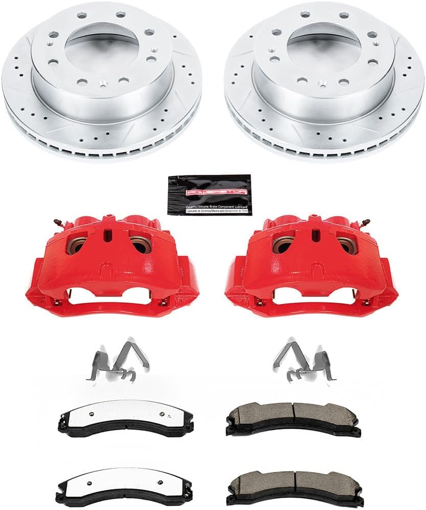 PowerStop Front Brake & Caliper Kit for Chevrolet Silverado 2500 HD 2012-19 |Silverado 3500 HD 2012-19 - Drilled & Slotted Disc Rotors + Z36 Brake Pads + Red-Powder Coated Calipers, KC6258-36