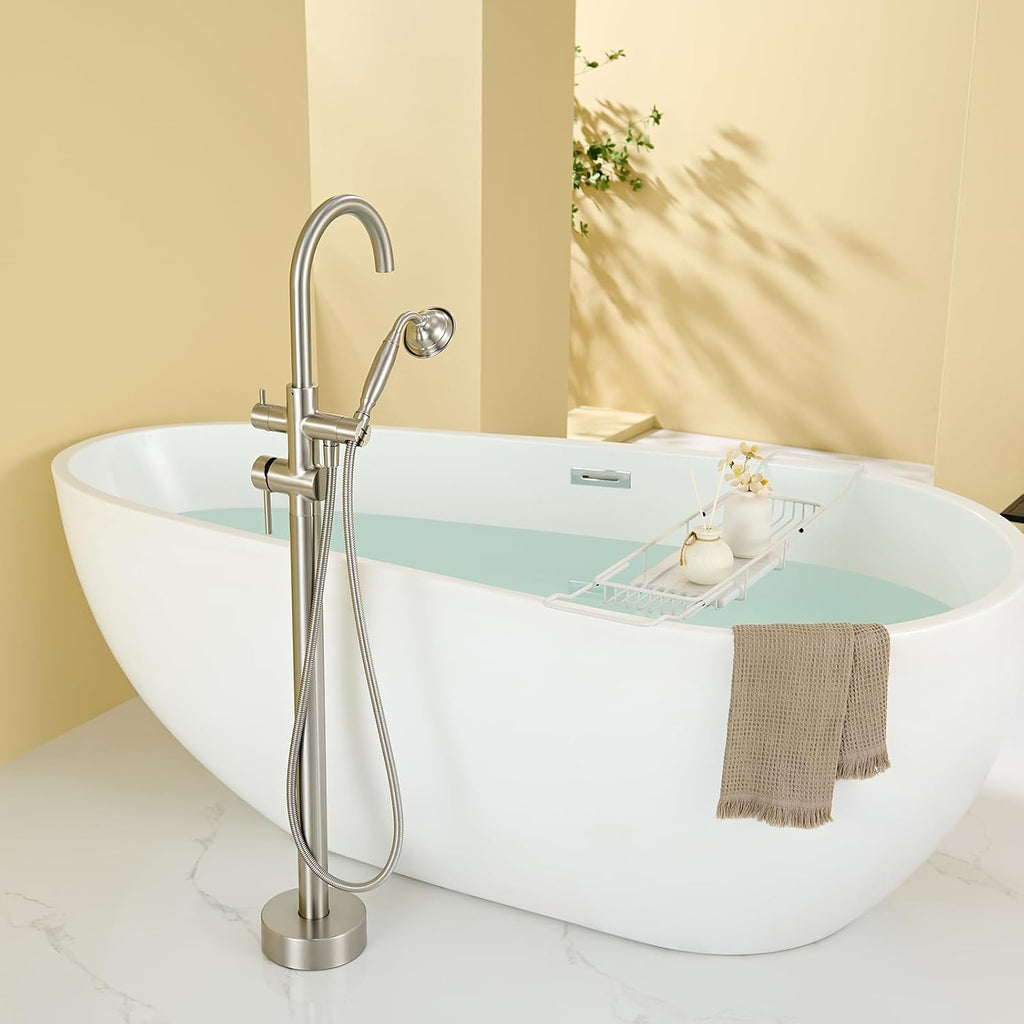 Wowkk Tub Filler Freestanding Bathtub Faucet Brushed Nickel Floor Mounted Brass Bathroom Tub Faucets with Hand Shower
