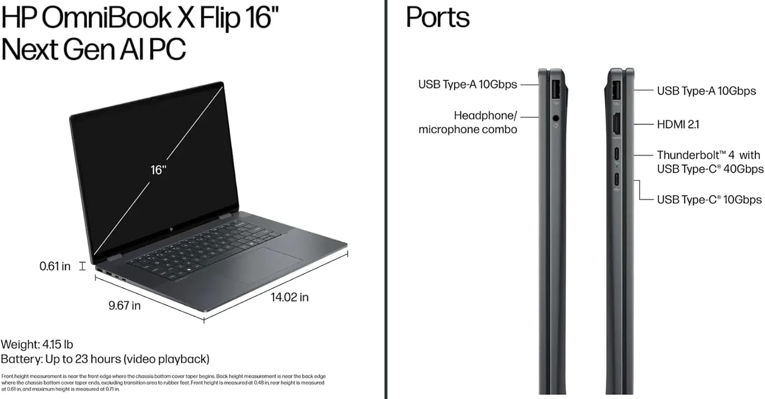 HP 2025 OmniBook X Flip 2-in-1, Copilot+ PC, 16' 2K 400Nits Touch-Screen Laptop, Ultra 7 256V(Beats Ultra 7 155U), 16GB RAM, 1TB SSD, 23H Battery, Win 11, Backlit KB, W/Stylus Pen