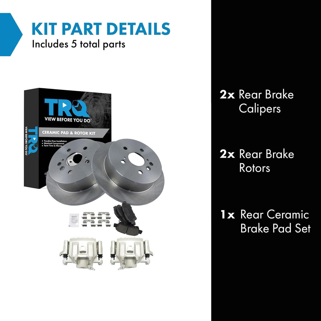 TRQ Rear Brake Pad and Rotor Set Ceramic Solid Rotors Calipers Compatible with 2004-2010 Toyota Sienna