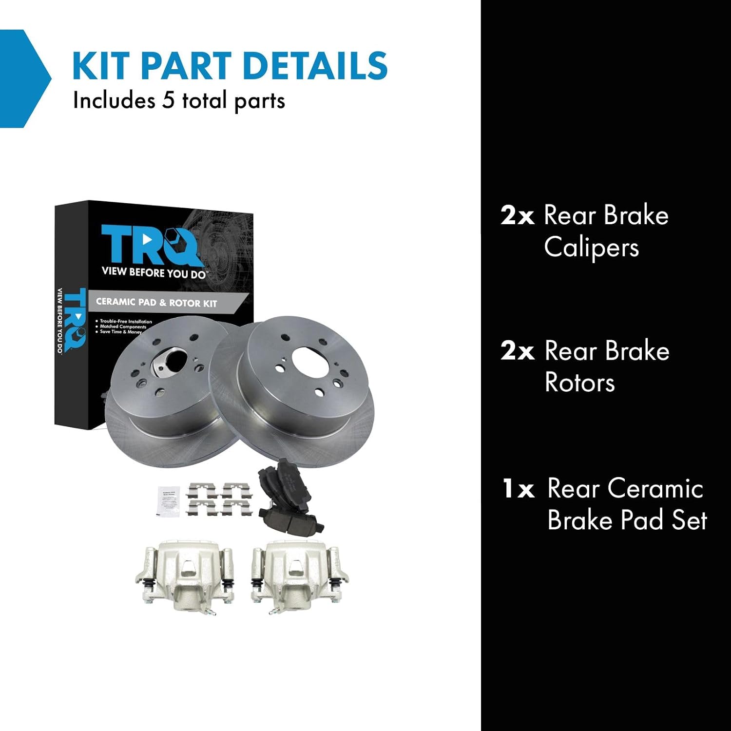 TRQ Rear Brake Pad and Rotor Set Ceramic Solid Rotors Calipers Compatible with 2004-2010 Toyota Sienna