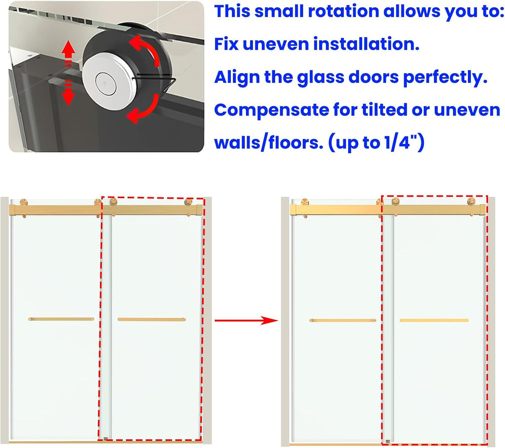 Frameless Sliding Shower Door 46'-49' W x 76' H, Brushed Gold | 3/8' Tempered Glass, Double Sliding Design, 1/4' Wall Adjustment, Double-Sided Easy-Clean Glass, Stainless Steel Hardware