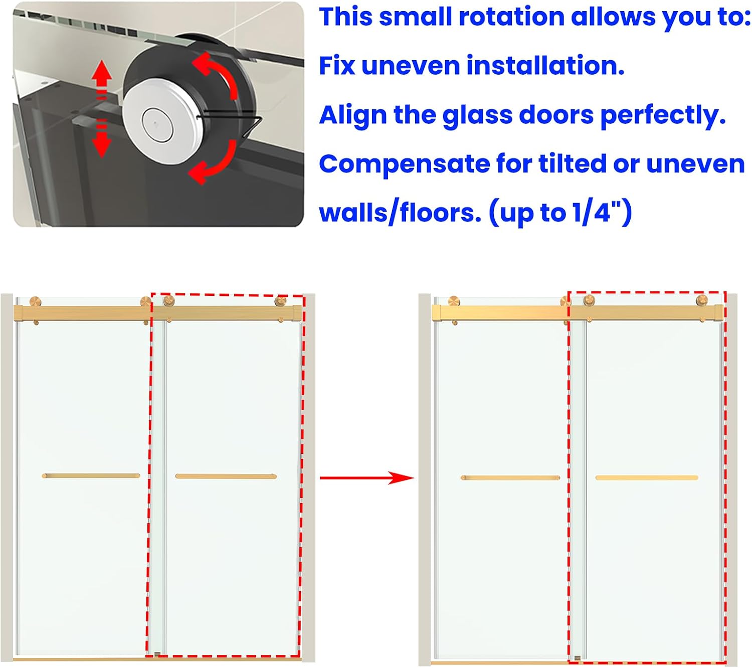Frameless Sliding Shower Door 46'-49' W x 76' H, Brushed Gold | 3/8' Tempered Glass, Double Sliding Design, 1/4' Wall Adjustment, Double-Sided Easy-Clean Glass, Stainless Steel Hardware