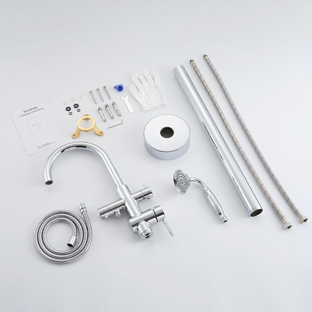 Wowkk Tub Filler Freestanding Bathtub Faucet Chrome Floor Mounted Brass Bathroom Tub Faucets with Hand Shower