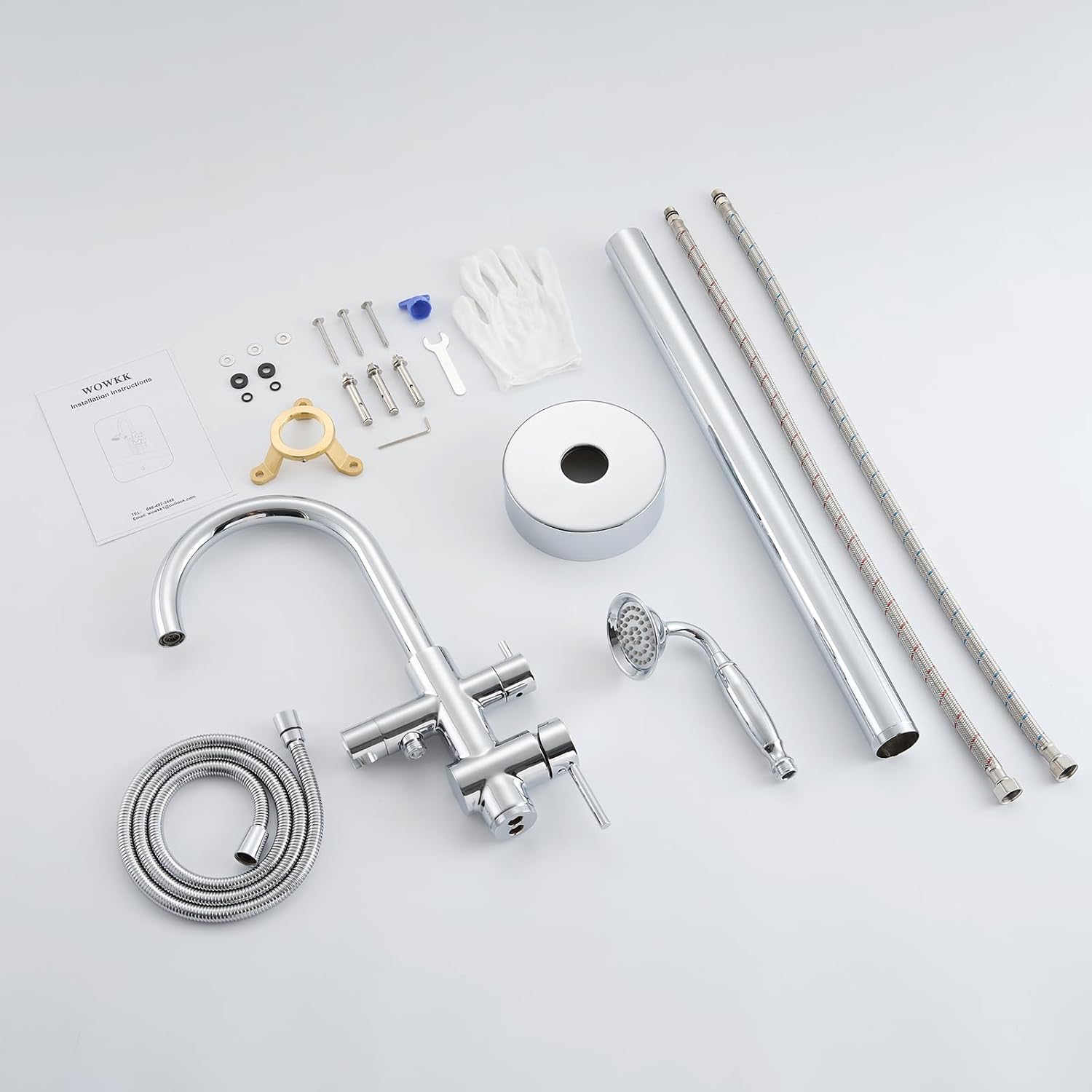 Wowkk Tub Filler Freestanding Bathtub Faucet Chrome Floor Mounted Brass Bathroom Tub Faucets with Hand Shower