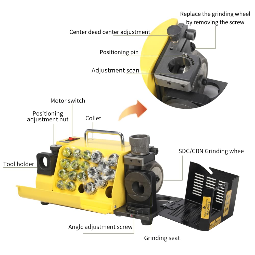 Drill Bits Sharpener, 3-20mm Grinding Machine, Lip Relief Angle & 95°-135° Point Angle Adjustable Drill Bit Re-Sharpener, Portable Sharpening Machine with 18 Collets, MR-20G