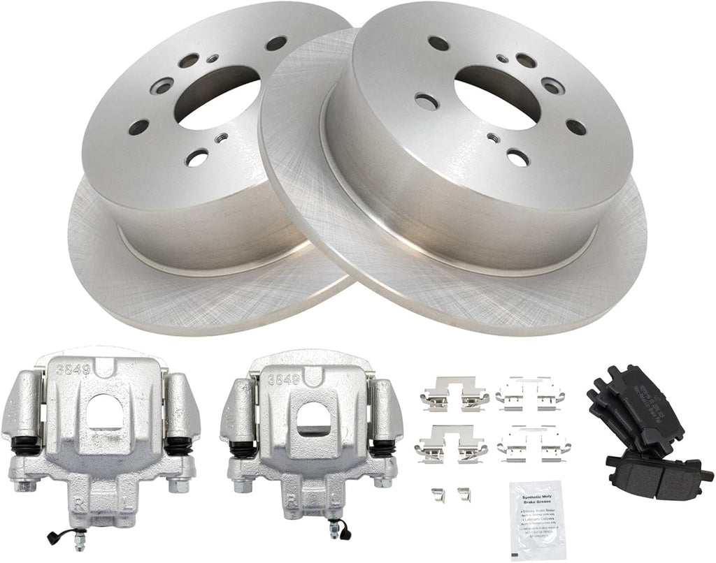 TRQ Rear Brake Pad and Rotor Set Semi Metallic Rotors Calipers Compatible with 2004-2007 Toyota Highlander