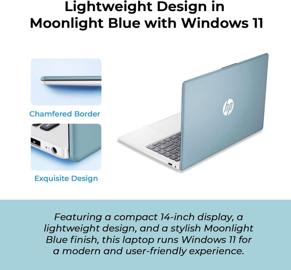 HP 14' Moonlight Blue Laptop with Office 365, AMD CPU, 4GB DDR5 RAM, 1.1TB Storage (128GB SSD and 1TB OneDrive), HD Display, Windows 11, Energy-Efficient & Quiet Performance