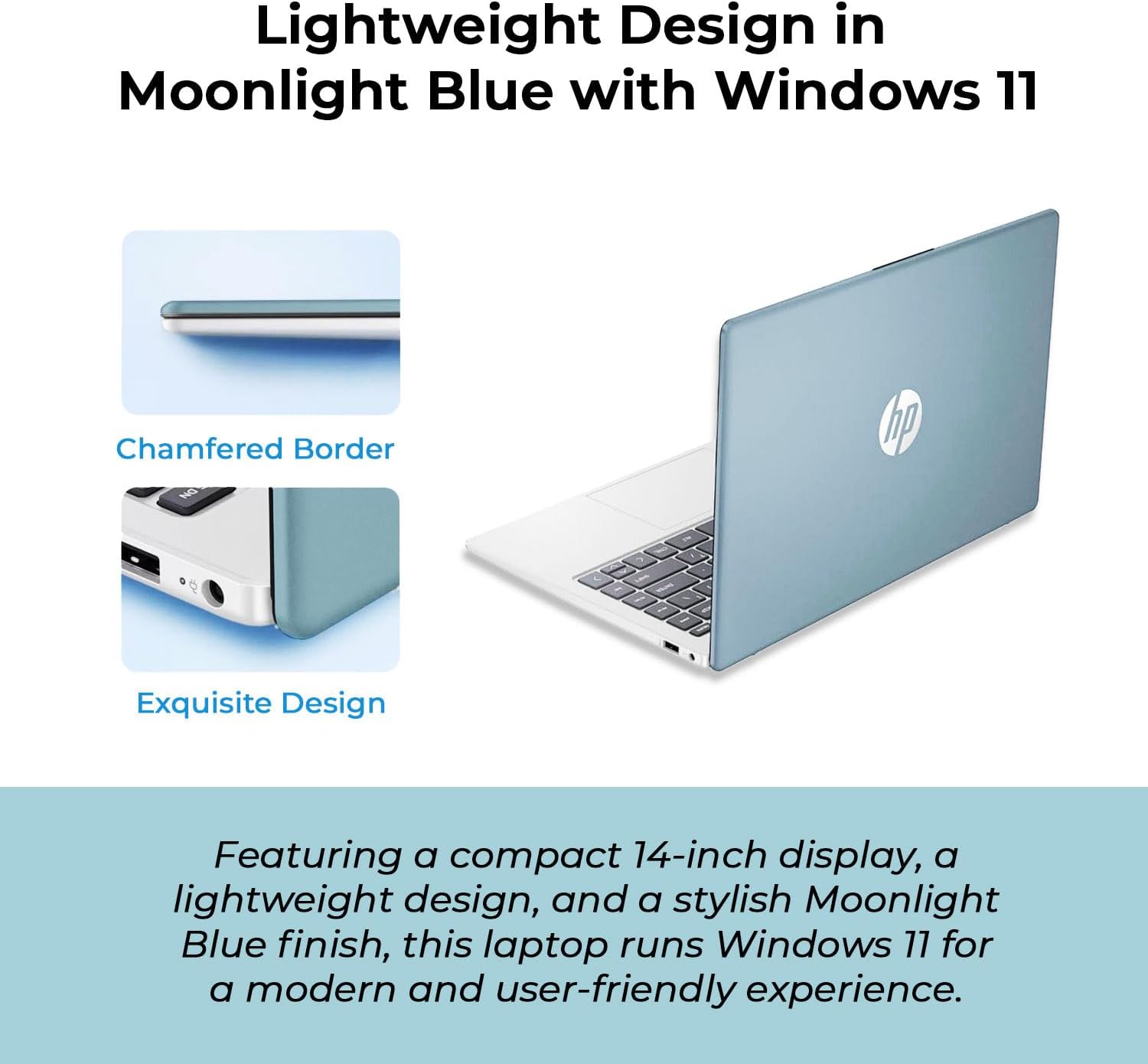 HP 14' Moonlight Blue Laptop with Office 365, AMD CPU, 4GB DDR5 RAM, 1.1TB Storage (128GB SSD and 1TB OneDrive), HD Display, Windows 11, Energy-Efficient & Quiet Performance