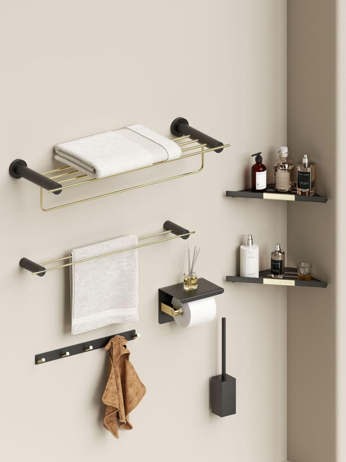 Towel Rack, White Gold Towel Rack, Bathroom Shelf, Black Gold 7-Piece Set