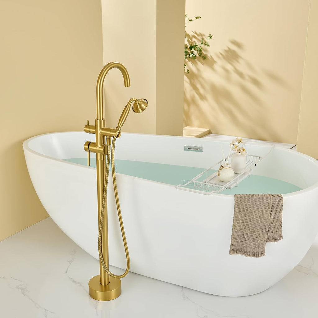 Wowkk Tub Filler Freestanding Bathtub Faucet Brushed Gold Floor Mounted Brass Bathroom Tub Faucets with Hand Shower