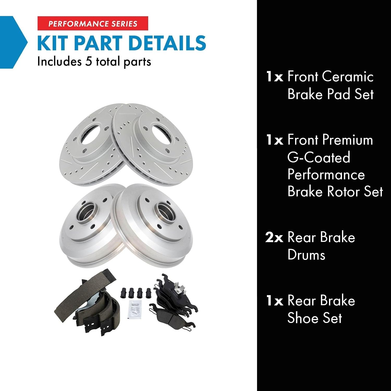 TRQ Performance Front and Rear Brake Pad & Rotor, Shoe & Drum Kit Compatible with 2000-2004 Ford Focus
