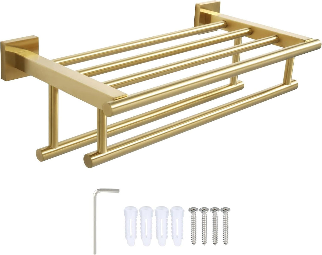 Double Towel Holder with 2 Bars Bathroom Shelf,40cm Brushed 304 Stainless Steel Rack Wall Mounted Hanger Storage Towel bar (Yellow)