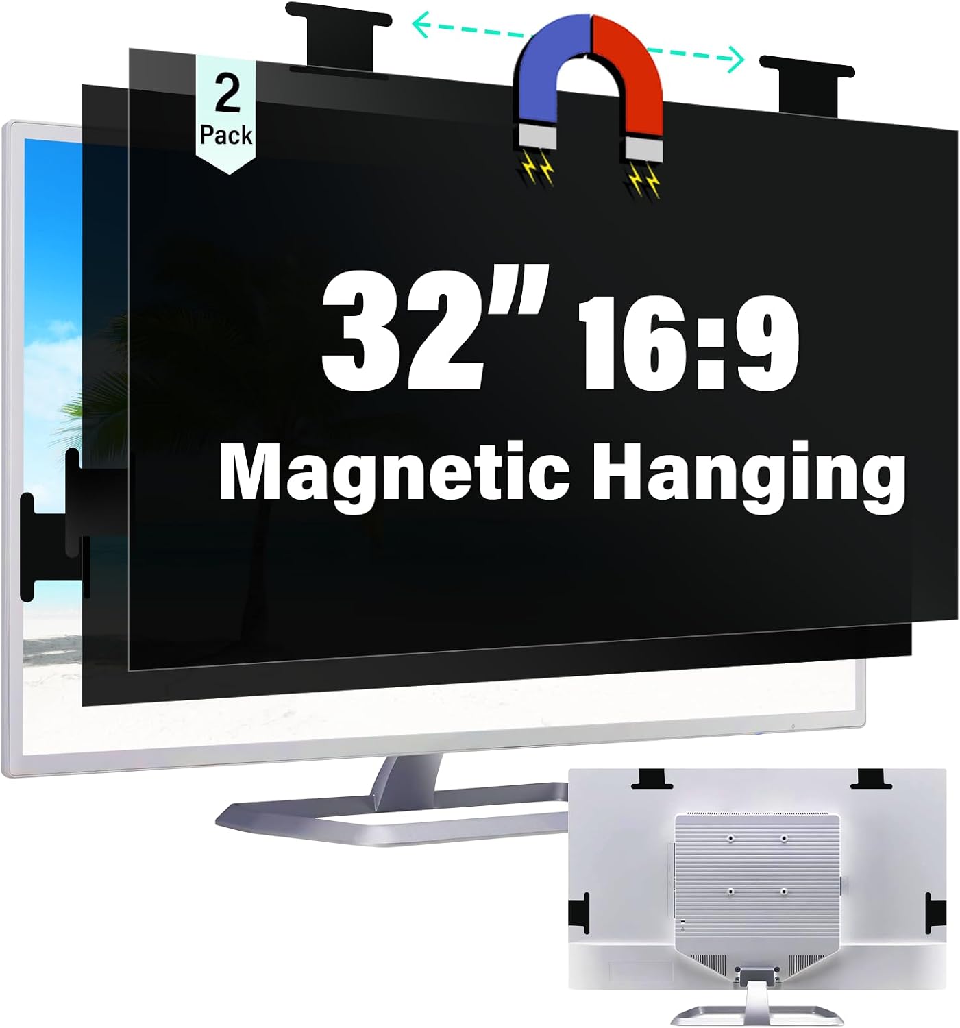 [2 Pack] Magnetic Hanging 32 Inch Computer Privacy Screen for 16:9 Aspect Ratio Widescreen Monitor, Removable Eye Protection Anti Glare Blue Light Computer Monitor Privacy Filter