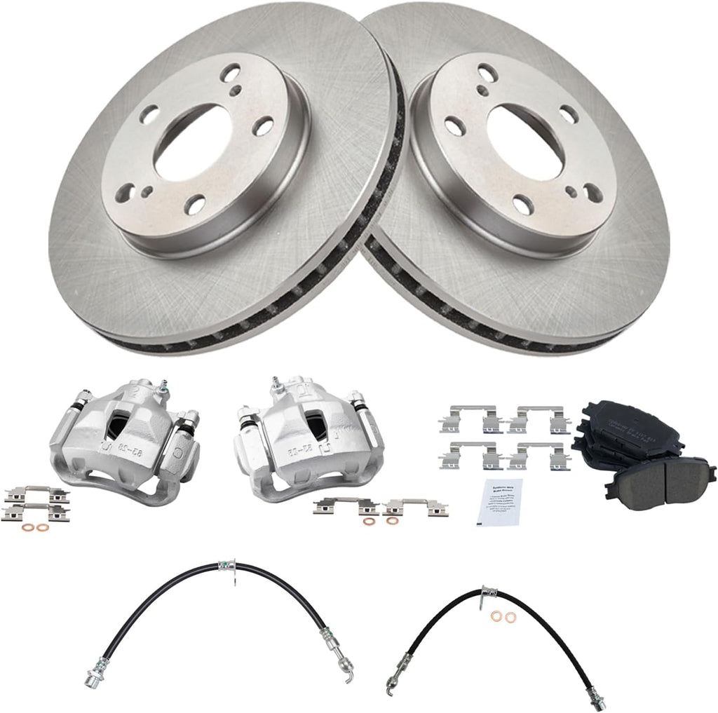 TRQ Front Brake Pad and Rotor Set Ceramic Calipers Hoses Compatible with 2006 Toyota Camry LE V6 3.0L Japan Built