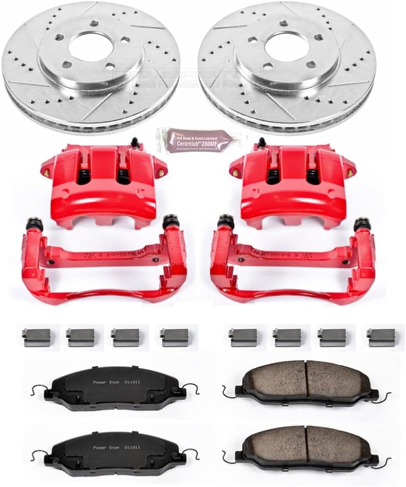 PowerStop Front Brake & Caliper Kit for Ford Mustang 2005-10 - Carbon-Fiber Ceramic Brake Pads + Drilled & Slotted Rotors + Red Powder Coated Calipers, KC1382