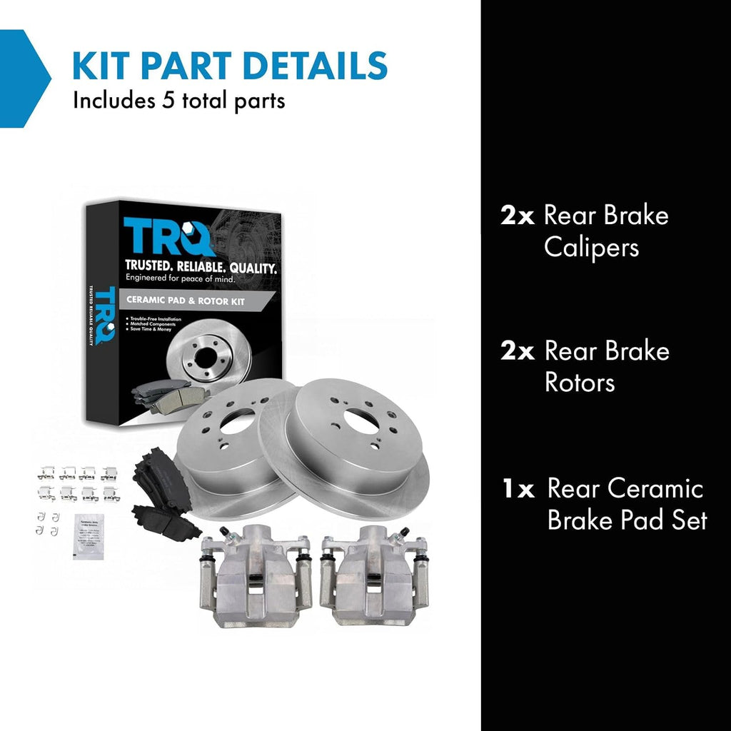 TRQ Rear Brake Pad and Rotor Set Ceramic Rotors Calipers Compatible with 2010-2015 Lexus RX350 2012-2015 RX450h 2014-2018 Toyota Highlander 2011-2018 Sienna