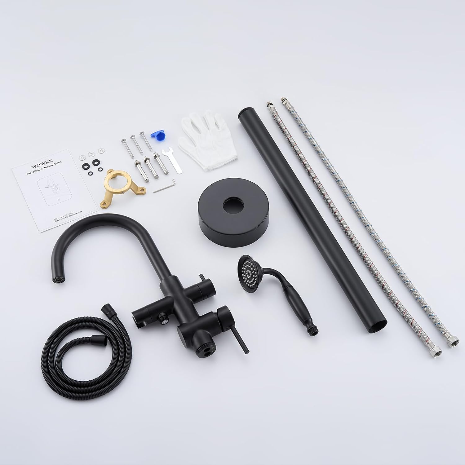 Wowkk Tub Filler Freestanding Bathtub Faucet Black Floor Mounted Brass Bathroom Tub Faucets with Hand Shower