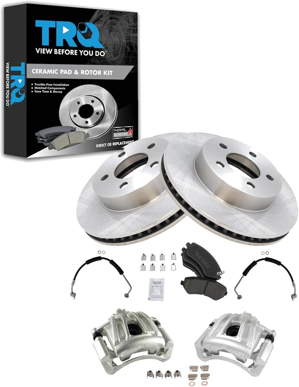 TRQ Front Brake Pad and Rotor Set Ceramic Vented Rotors Calipers Hoses Compatible with 2002-2007 Jeep Liberty